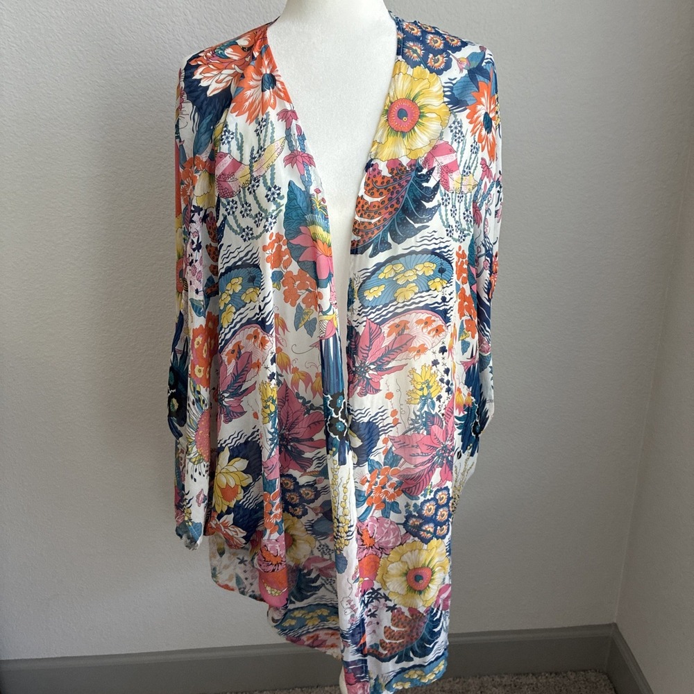 Hibluco Women's Tropical Floral Summer Chiffon Kimono Long Swim Coverup  2XL